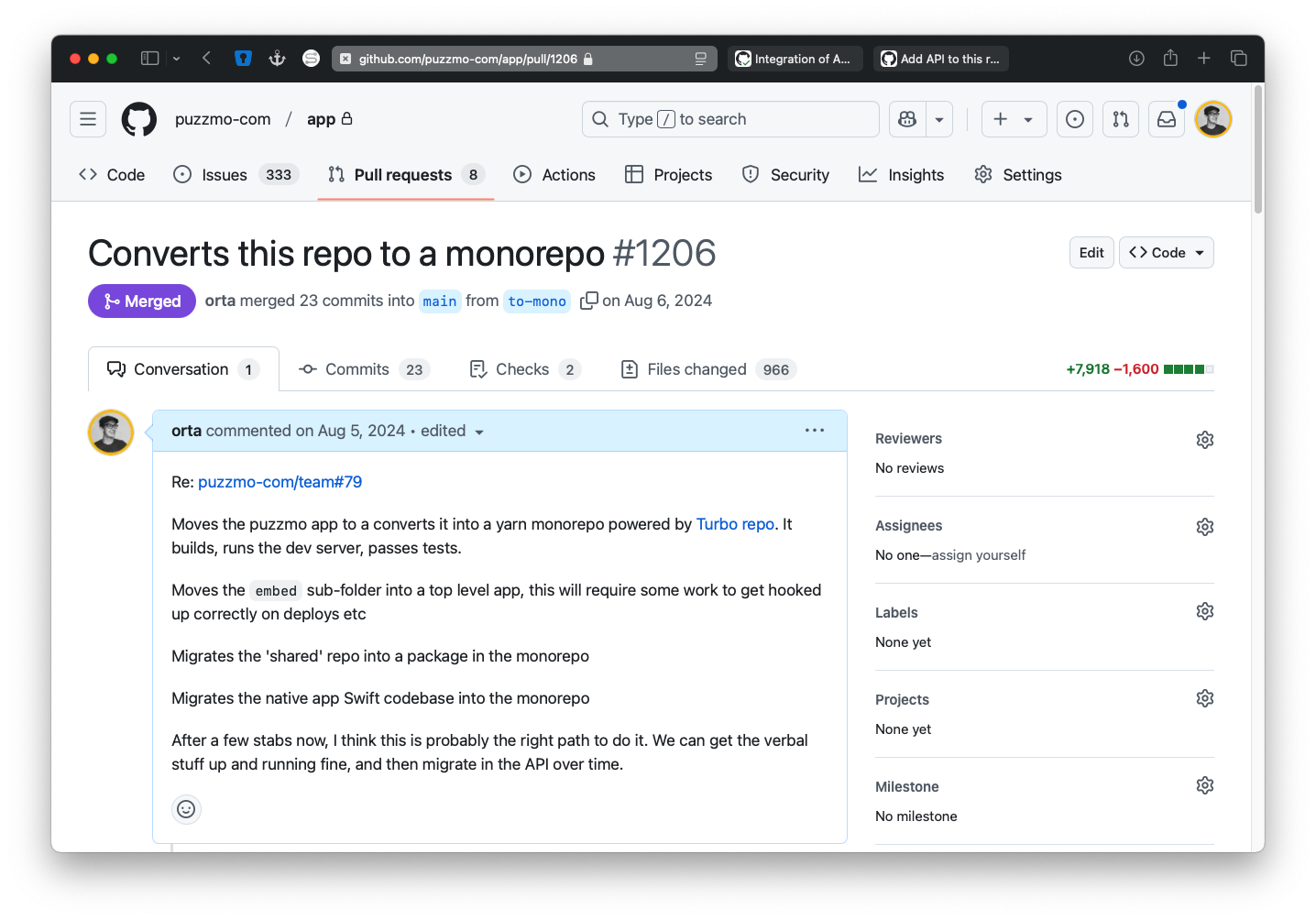 A screenshot of a GitHub Pull Request saying &ldquo;Converts this repo to a monorepo&rdquo;