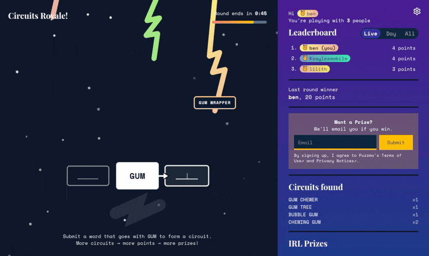 Circuits Royale gameplay showing the submit, wait, and verdict flow